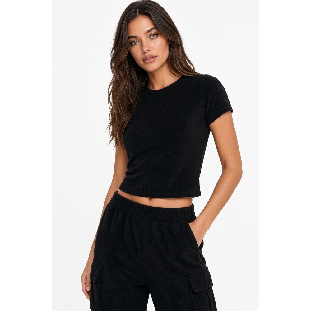 Good American Terry Knit Cropped Baby Tee Black GT0513 XL NWT